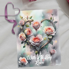 Romantische Roze Rozen Hart met Elegant Schrift Briefkaart