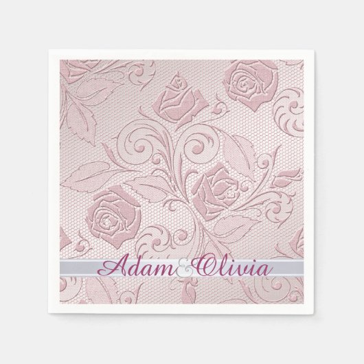 Romantische Roze Rozen Lace Wedding Servetten (Voorkant)