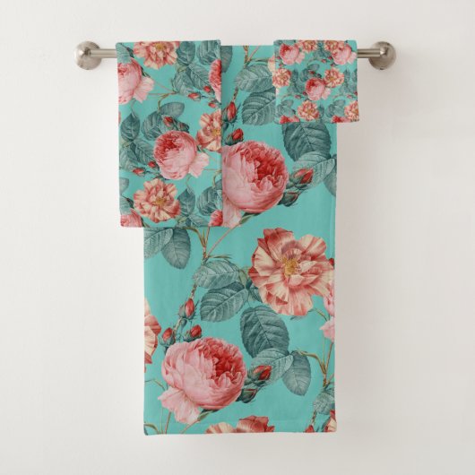 Romantische roze rozen op Blauwgroen Bad Handdoek (Insitu)
