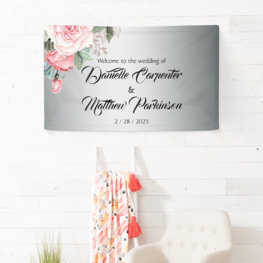 Romantische roze rozen op zilveren bruiloft Welkom Spandoek (Insitu)