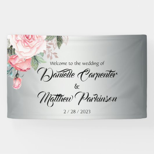 Romantische roze rozen op zilveren bruiloft Welkom Spandoek (Horizontaal)