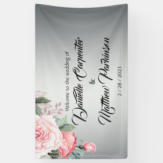 Romantische roze rozen op zilveren bruiloft Welkom Spandoek (Verticaal)