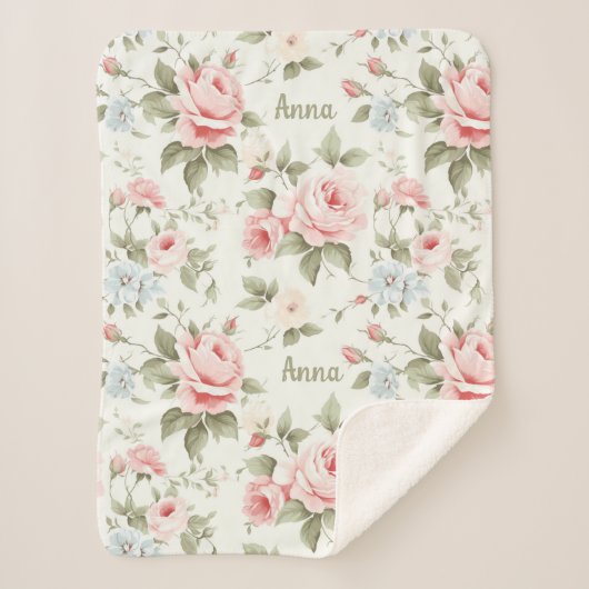 Romantische Roze Rozen Overal Patroon met Naam Sherpa Deken (Voorkant)