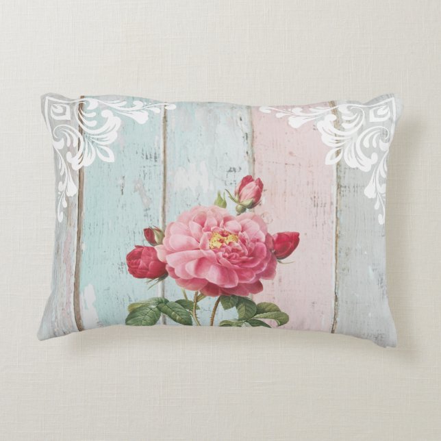 Romantische roze rozen rustieke achtergrond Witte  Accent Kussen (Achterkant)