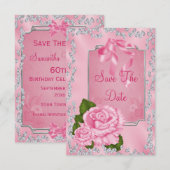 Romantische Roze Rozen & Strikken 60e Geboortedatu Save The Date (Voorkant / Achterkant)
