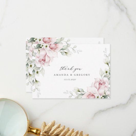 Romantische Roze Rozen Watercolor Trouw Dank Je Bedankkaart (Voorkant / Achterkant in situ)