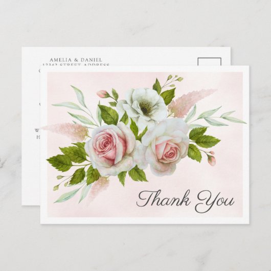 Romantische Roze Rozen Waterverf Dank u Briefkaart (Voorkant / Achterkant)