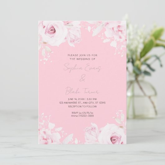 Romantische roze rozen zomer pastel roze bruiloft kaart (Staand voorkant)