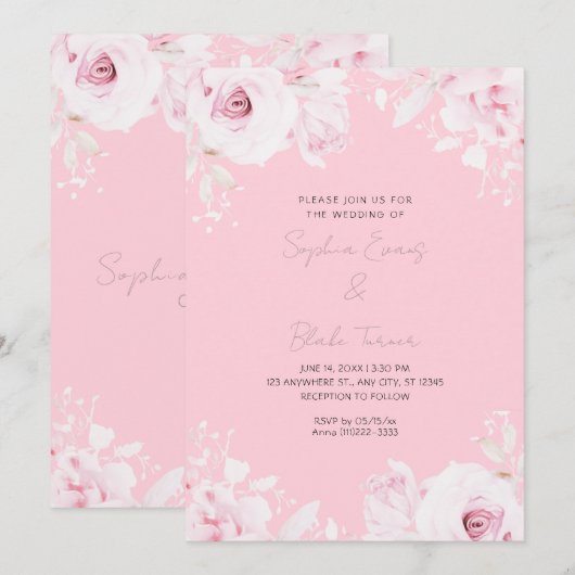 Romantische roze rozen zomer pastel roze bruiloft kaart (Voorkant / Achterkant)