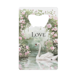 Romantische Roze Rozen Zwanenmeer Bloemstuk   Creditkaart Flessenopener
