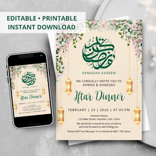 Romantische Roze Rozenkrans Ramadan Iftar Uitnodig Kaart