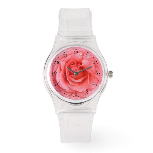 Romantische Roze Rozenwaterdruppels Horloge (Voorkant)