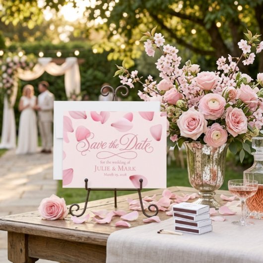 Romantische Roze Vallende Bloemblaadjes Script Sav Kaart