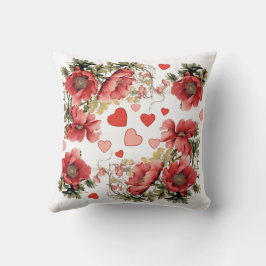 Romantische Roze Vintage Klaprozen en Harten Kussen