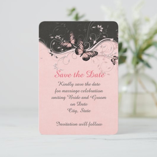 Romantische Roze Vlinder Swirls Bewaar de datum Save The Date (Staand voorkant)