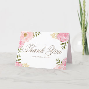Romantische roze waterverf pioenrozen en rozen bru bedankkaart