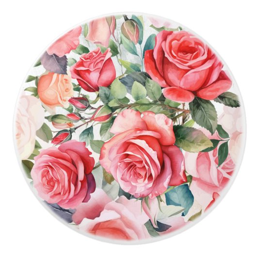 Romantische Roze Waterverf Rozen Keramische Knop (Voorkant)