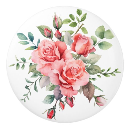 Romantische Roze Waterverf Rozen Keramische Knop (Voorkant)