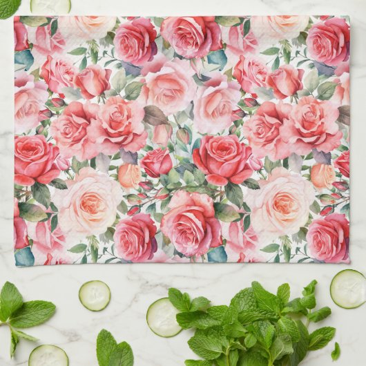 Romantische Roze Waterverf Rozen Theedoek (Gevouwen)