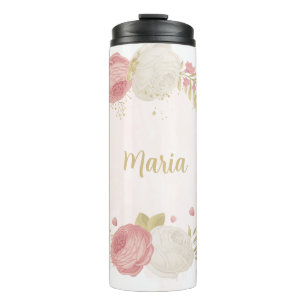 Romantische roze witte & gouden bloem thermosbeker