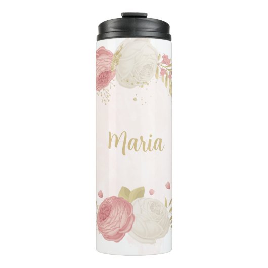 Romantische roze witte & gouden bloem thermosbeker (Voorkant)