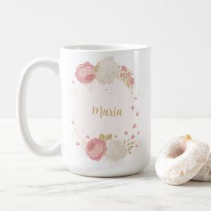 Romantische roze witte & gouden bloemige trouw koffiemok