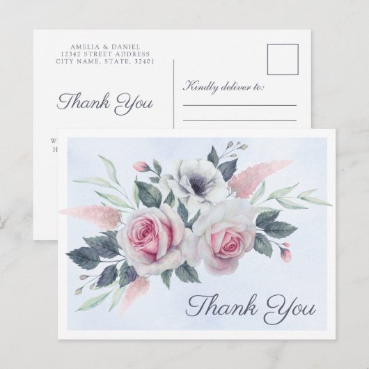 Romantische Rozen Blauwe Waterverf Dank u Briefkaa Aankondigingskaart (Voorkant / Achterkant)