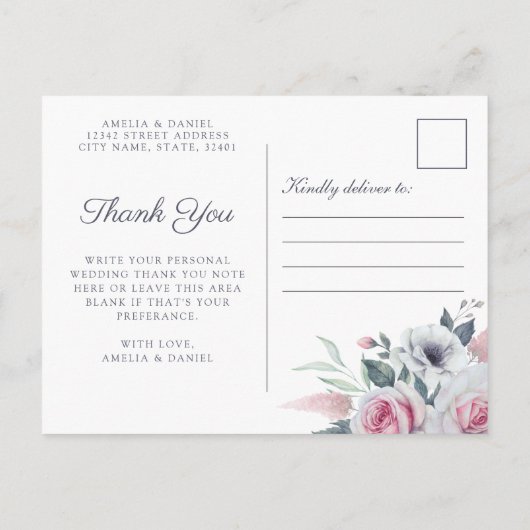 Romantische Rozen Blauwe Waterverf Dank u Briefkaa Aankondigingskaart (Achterkant)