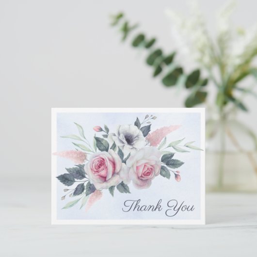 Romantische Rozen Blauwe Waterverf Dank u Briefkaa Aankondigingskaart (Staand voorkant)