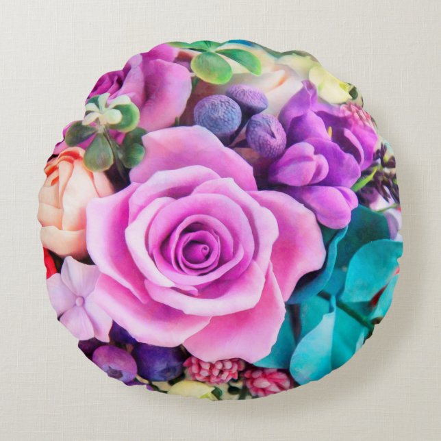 Romantische Rozen Bloemen Tuin Rond Kussen (Voorkant)