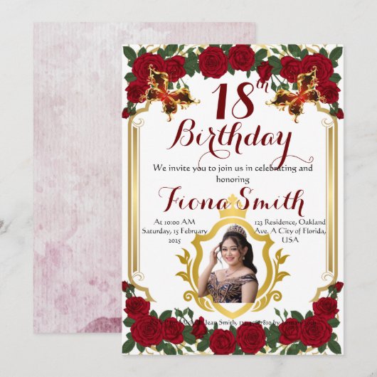 Romantische rozen Bloemen Verjaardag Uitnodiging K (Voorkant / Achterkant)