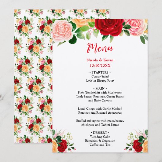 Romantische Rozen BloemRomantisch Rode en Oranje B Menu (Voorkant / Achterkant)