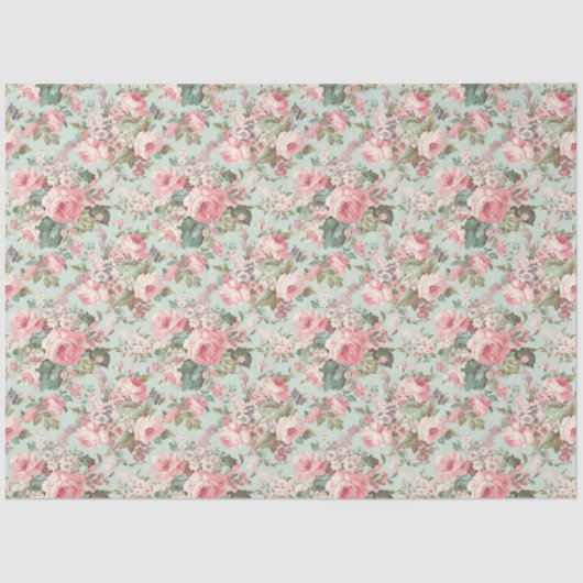 Romantische Rozen Blush Pink op Mint Decoupage Tissuepapier (Voorkant)