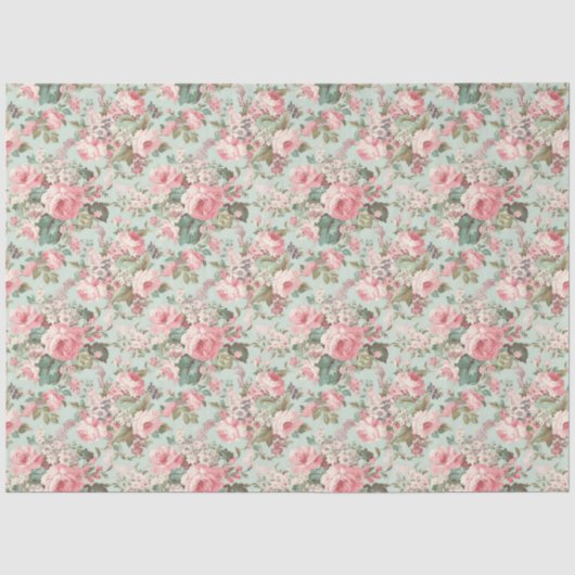 Romantische Rozen Blush Roze op Mint Decoupage Tissuepapier (Voorkant)