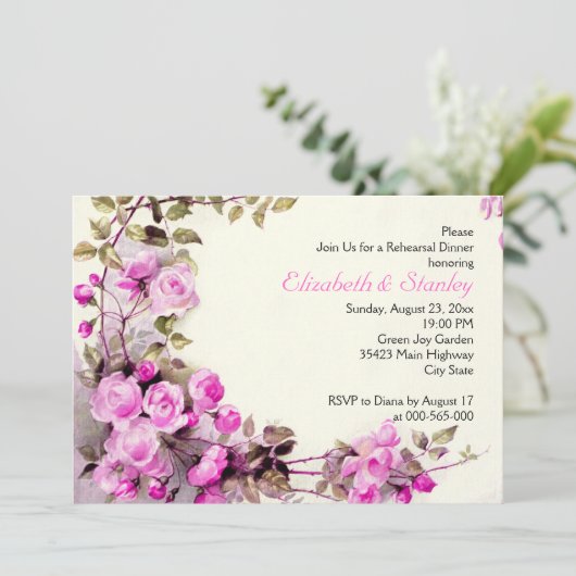  romantische rozen bruiloft repetitie diner kaart (Staand voorkant)