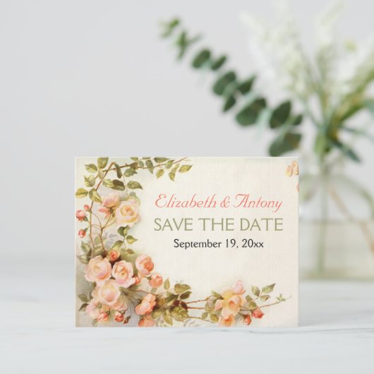 romantische rozen bruiloft Save the Date Aankondigingskaart (Staand voorkant)
