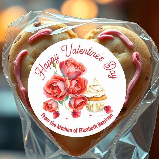 Romantische rozen cupcake Valentijnsdag bakken Ronde Sticker