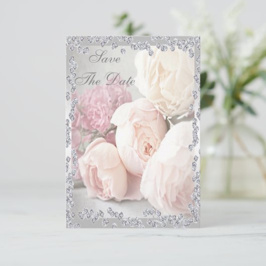Romantische Rozen en diamanten 70e sparen de Datum Save The Date (Staand voorkant)