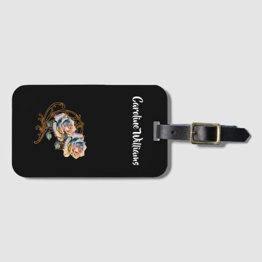 Romantische rozen en draden met bewerkbare naam bagagelabel (Voorkant (horizontaal))