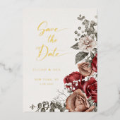 Romantische Rozen en Eucalyptus Sla de datum op Folie Uitnodiging (Voorkant)