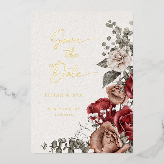 Romantische Rozen en Eucalyptus Sla de datum op Folie Uitnodiging (Voorkant)