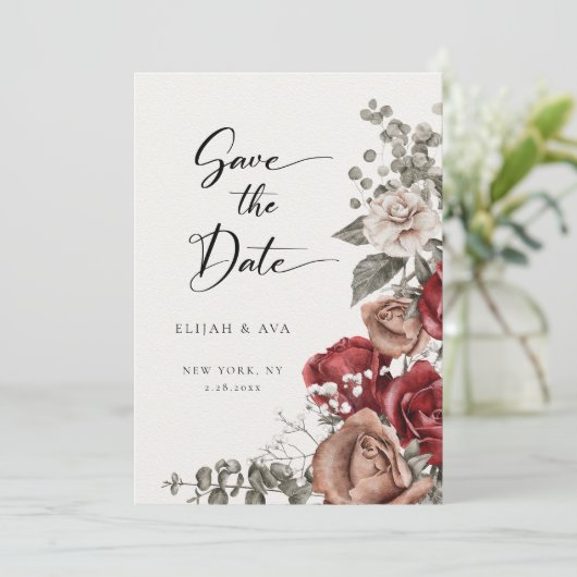 Romantische Rozen en Eucalyptus Sla de datum op Save The Date (Staand voorkant)