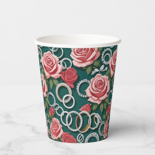 Romantische Rozen en Fonkelende Diamanten Trouwrin Papieren Bekers (Achterkant)