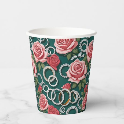 Romantische Rozen en Fonkelende Diamanten Trouwrin Papieren Bekers (Voorkant)