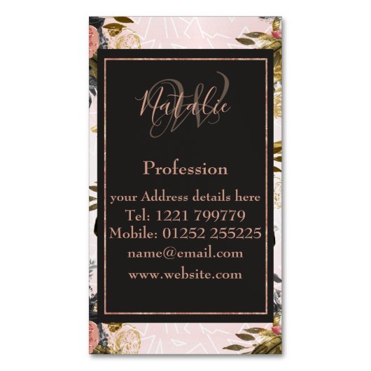 Romantische  rozen en geometrisch ontwerp visitekaartje magneet (Voorkant Verticaal)