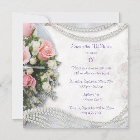 Romantische Rozen en parels 100ste verjaardagsfees Kaart (Achterkant)