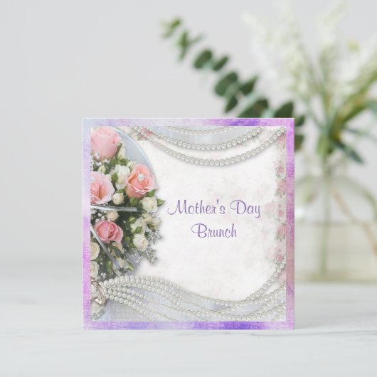 Romantische Rozen en parels Moederdag Brunch Kaart (Staand voorkant)