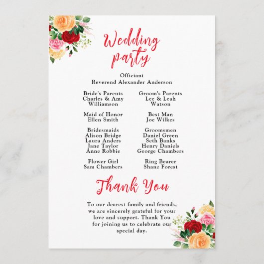 Romantische Rozen Floral Wedding Programmakaart (Achterkant)