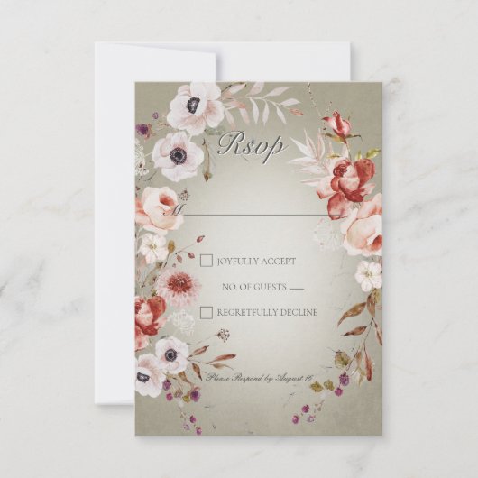 Romantische Rozen Groen Roze Bloemen Bruiloft RSVP Kaartje (Voorkant)