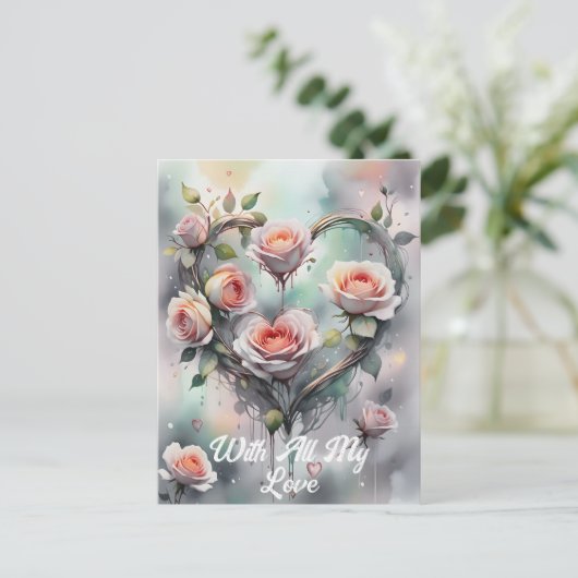 Romantische Rozen Hart met Elegant Script Briefkaart (Staand voorkant)